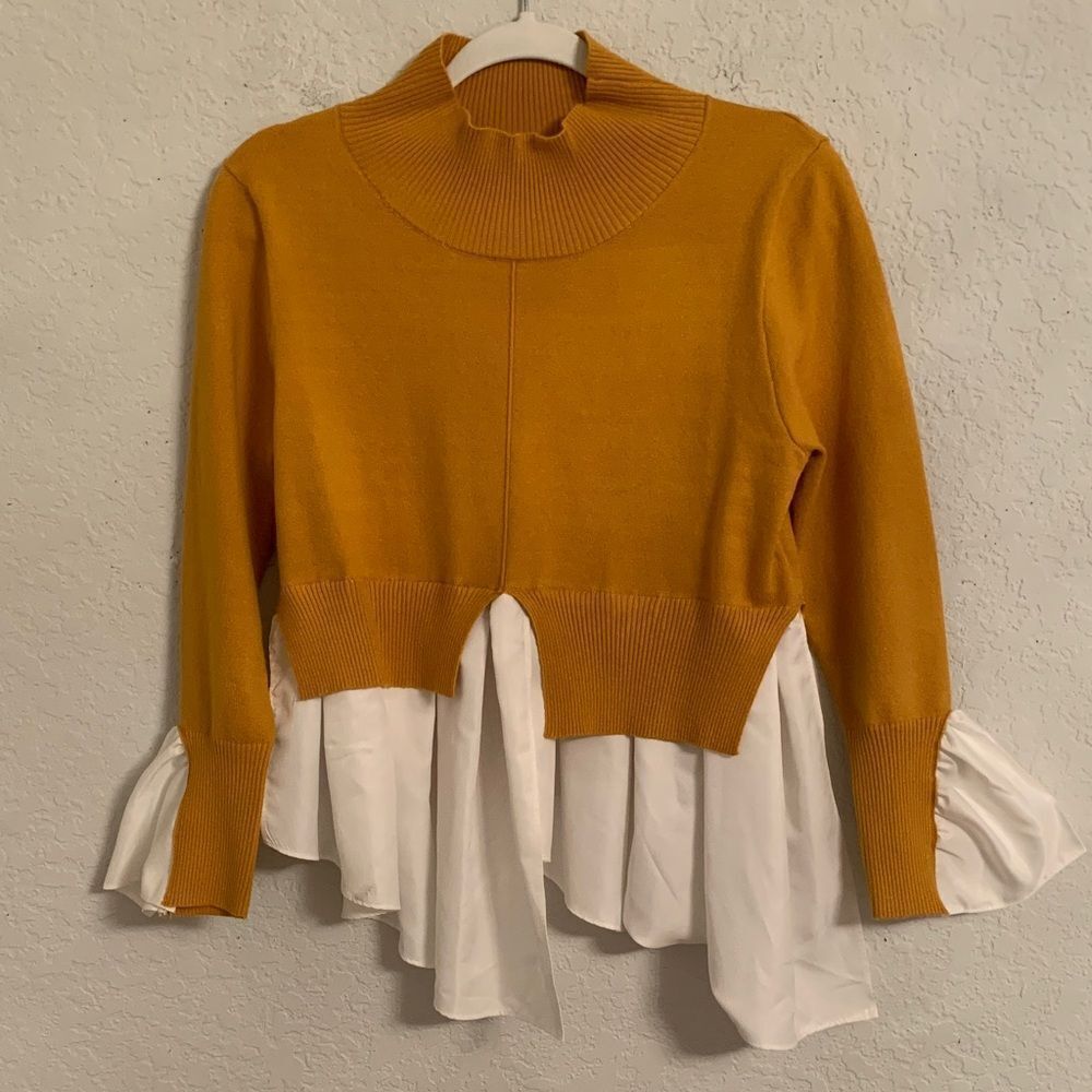 Luzabelle Mustard Cowl Neck Sweater with White Accents Size S